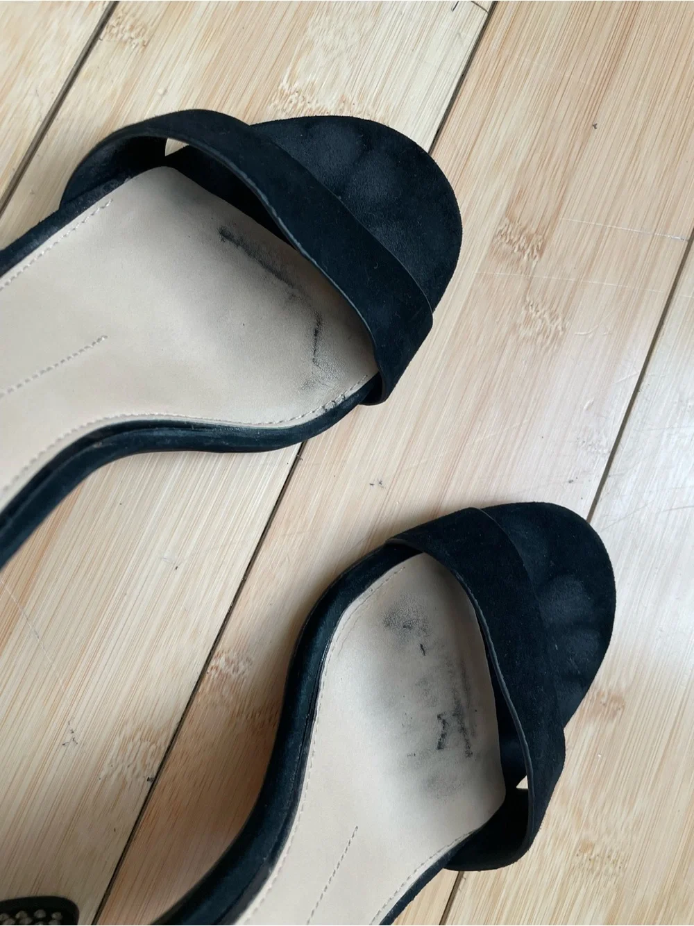 Gianni Bini Black Suede Ankle-Strap Block Heel Sandals with Studded Heel